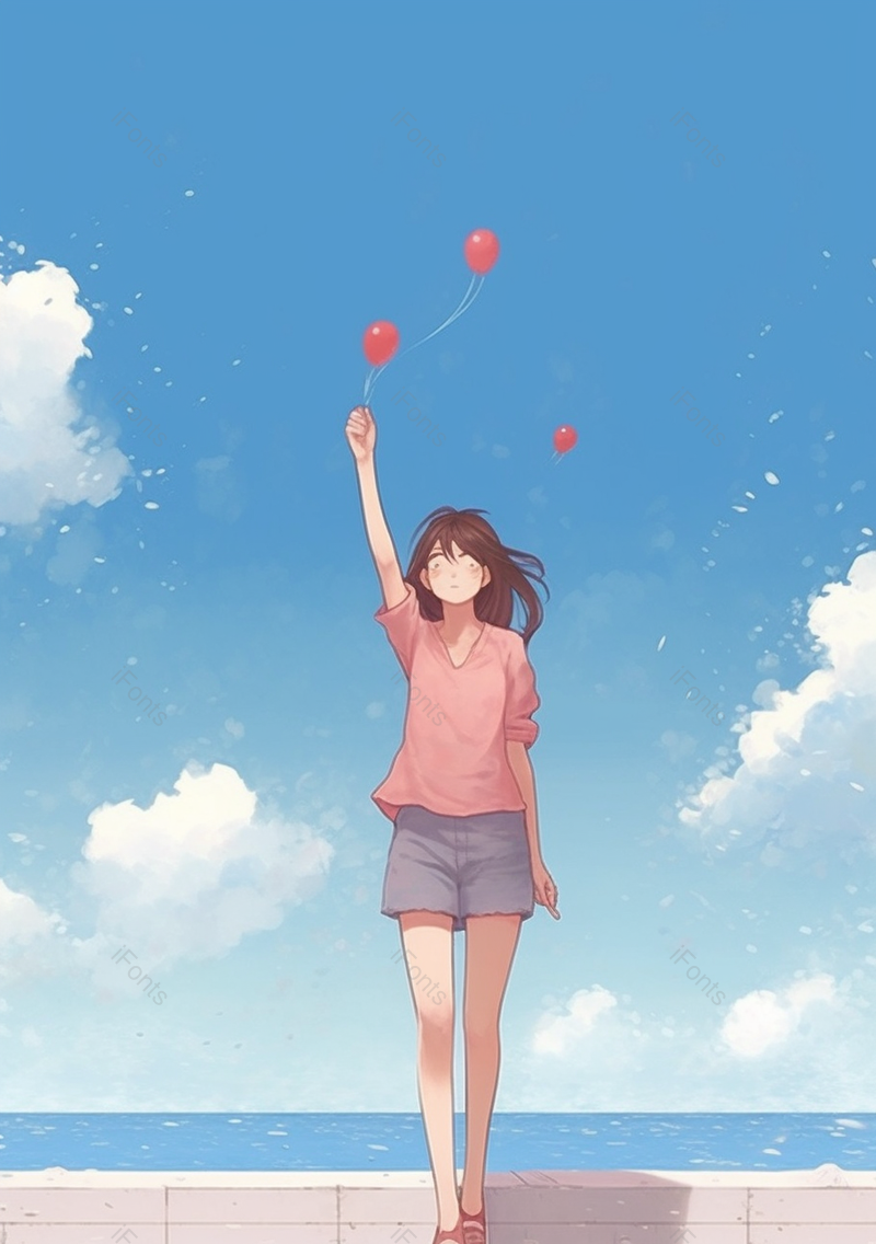 蓝色夏天女孩放飞气球开心小清新插画,插画/手绘图,插画/手绘图库,插画/手绘图下载,插画/手绘